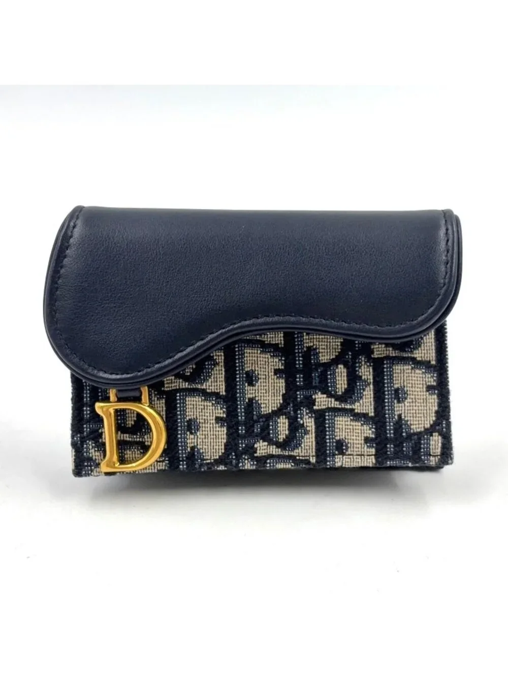 Dior Saddle Lotus Leather Canvas Navy Coin Purse Gold